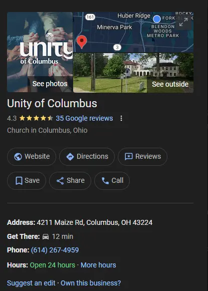 Google Business Profile listing for Unity of Columbus church located at 4211 Maize Road in Columbus, Ohio.